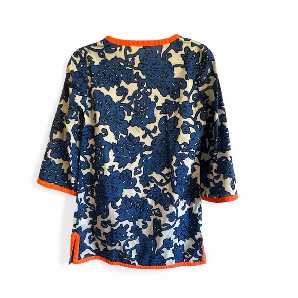 Blue Floral Tunic Orange Trim Light Weight 100% Cotton US Size 4 Beach Cover Up - Picture 15 of 15